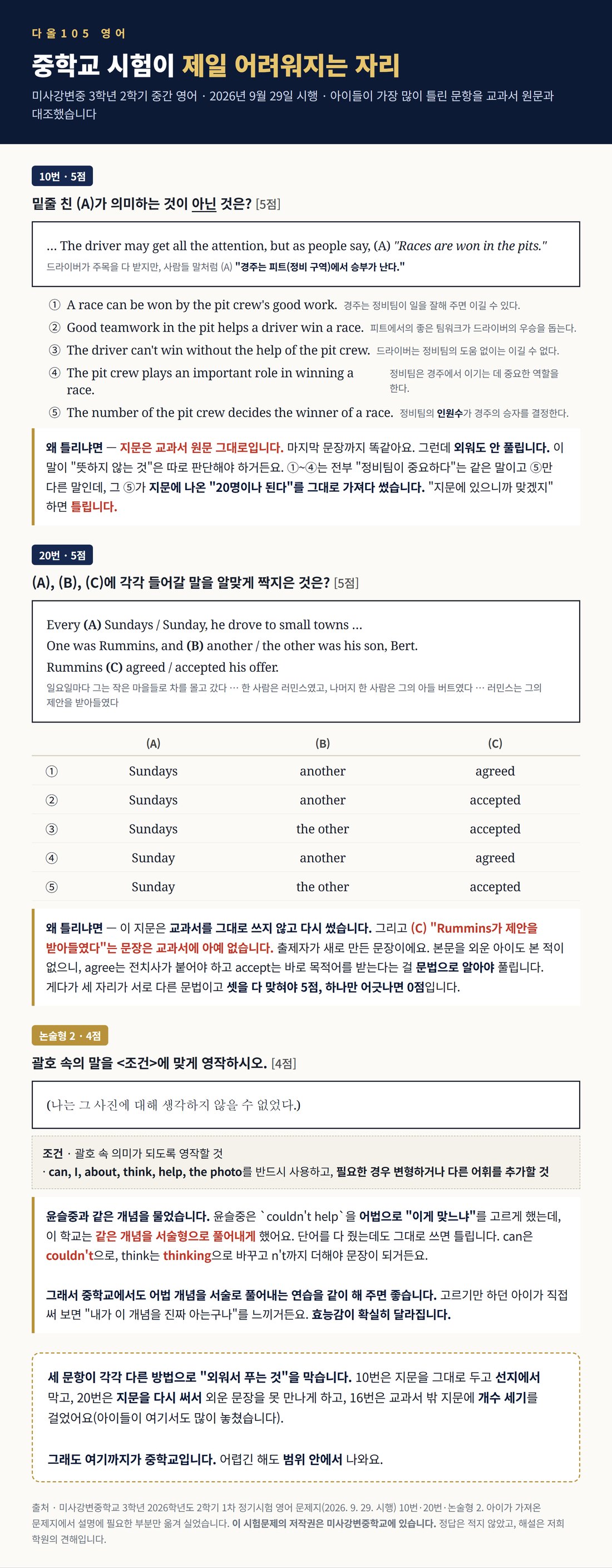 미사강변중 3학년 10번·20번·논술형 2번, 한국어 해석 포함