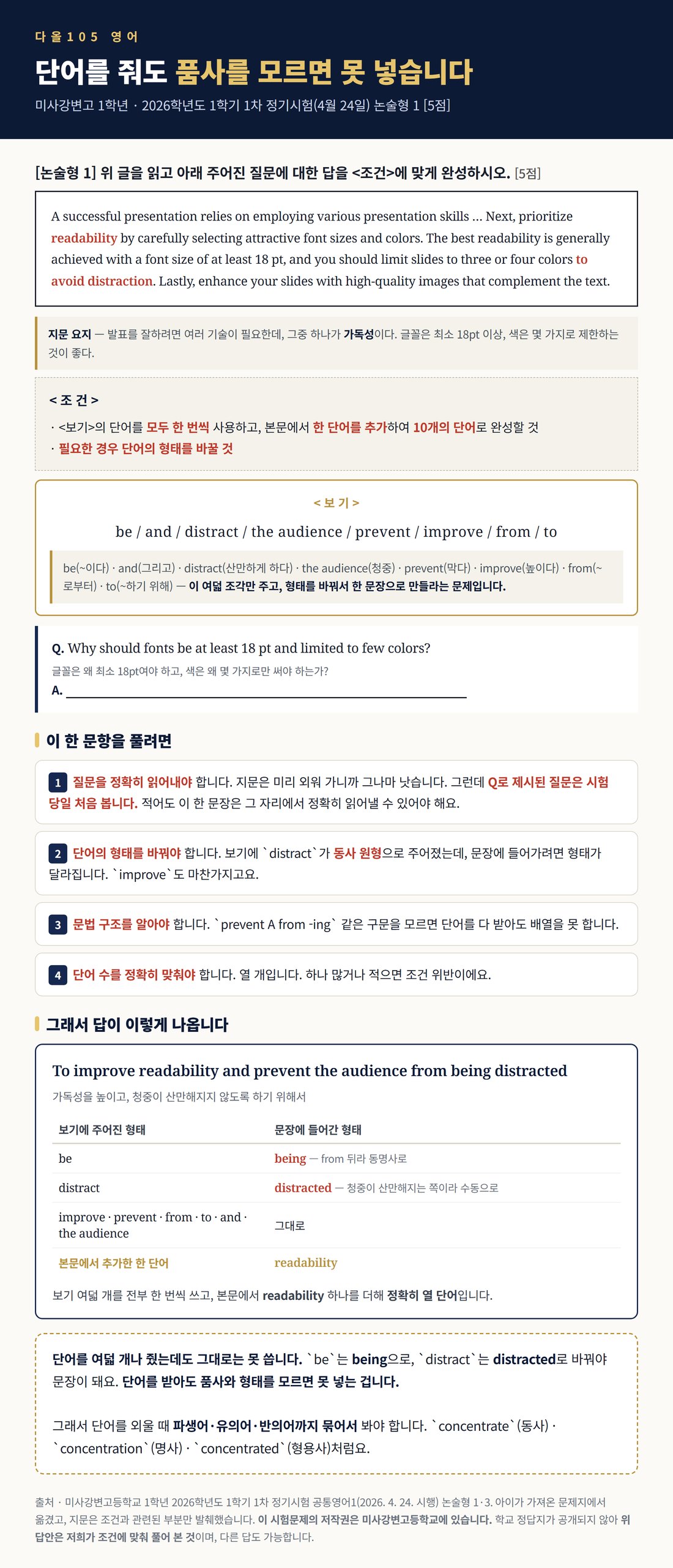 미사강변고 논술형 1번 — 보기 여덟 단어의 형태를 바꿔 한 문장 완성, 정답과 변형 표